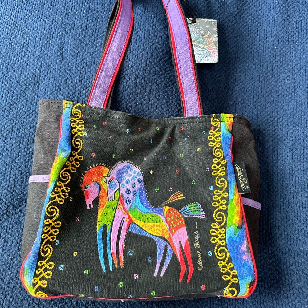 Laurel Burch Rainbow Horses on Black Tote Bag/Purse RETIRED. Never used.